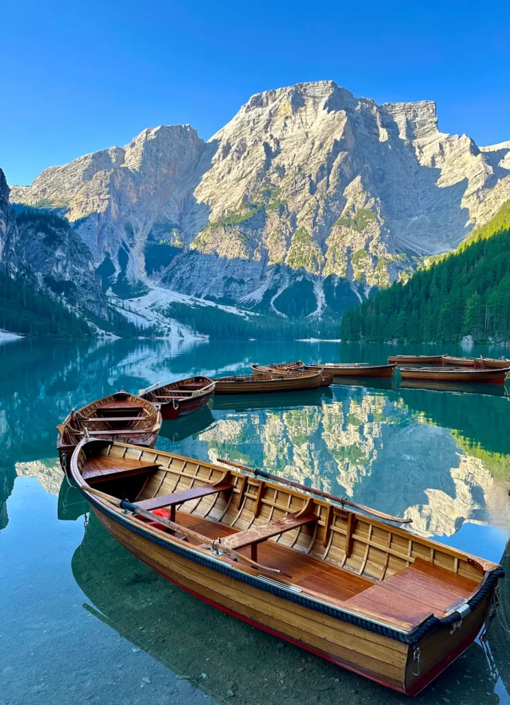 Early morning reflections of boats and mountains on Lago di Braies